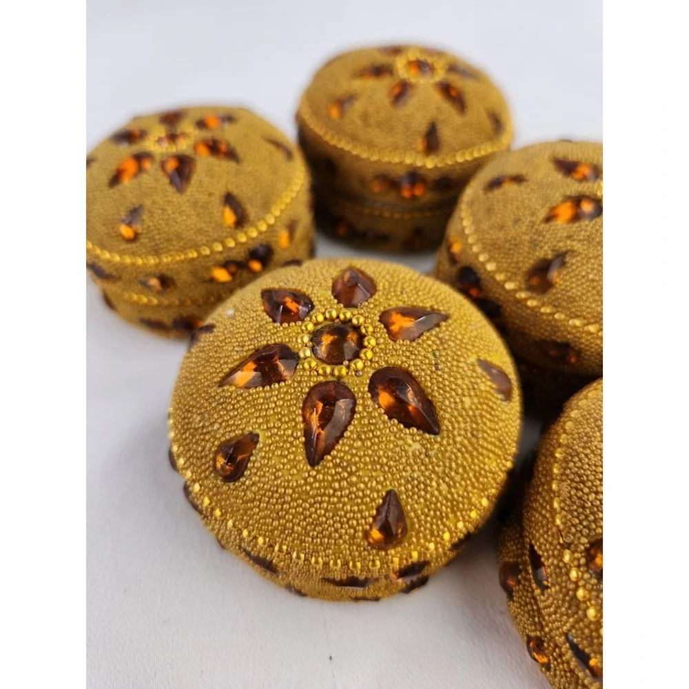 Vtg Round Hand Beaded Trinket Boxes‎ Yellow Gold Beads Jeweled Wedding Set of 5